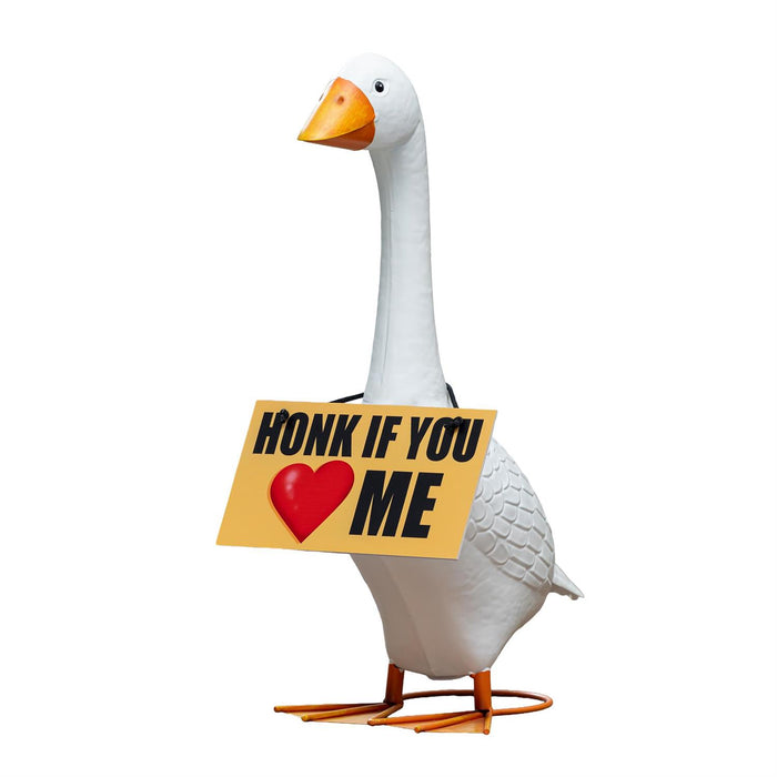 Goose with a sign saying 'Honk if you love me' on a white background