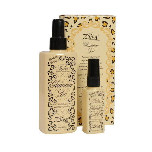 Two bottles of Tyler Glamour Do with a leopard print box on a white background