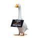White goose with a sign on its neck that reads 'I Honk for Snacks' on a white background