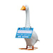 A white goose-shaped novelty sign or decoration with an orange beak and orange webbed feet, holding a blue sign that reads, 'HI, MY NAME IS BUT YOU CAN CALL ME HONK!'.