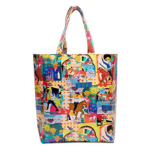 Colorful tote bag with artistic collage design on a white background