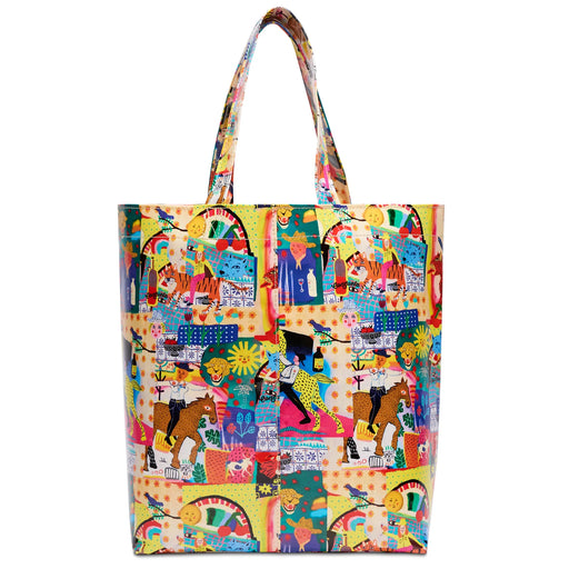 Colorful tote bag with animal and pattern design on a white background