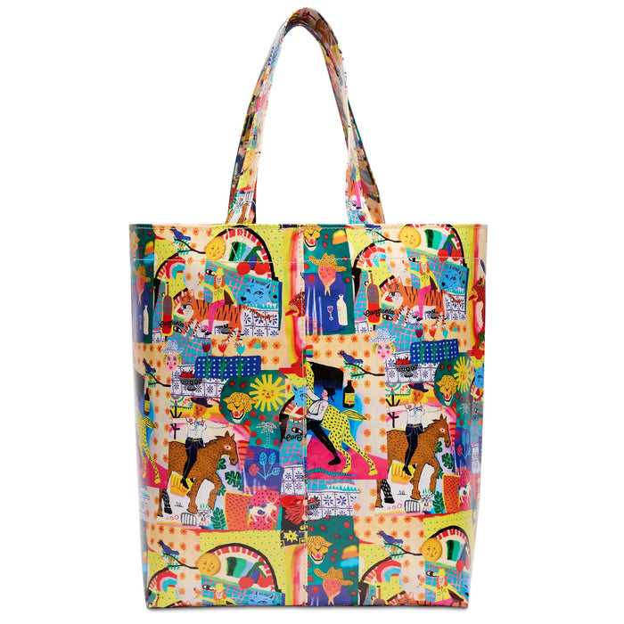 Colorful tote bag with animal and pattern design on a white background