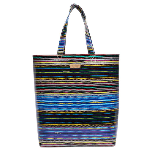 Multicolored striped tote bag on a white background