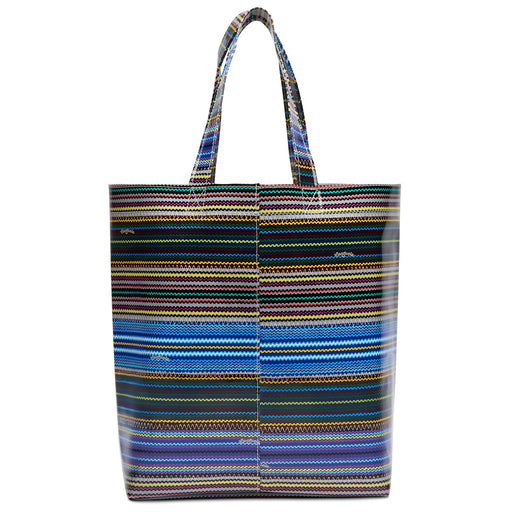 Multicolored striped tote bag on a white background