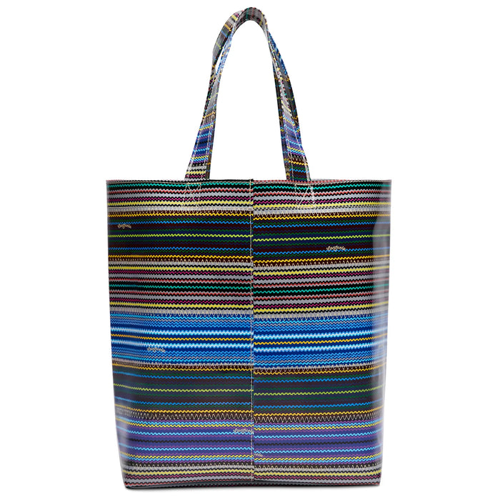 Multicolored striped tote bag on a white background