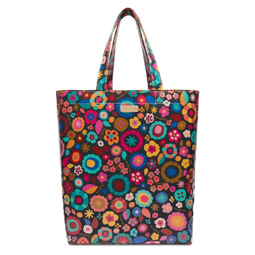Colorful floral-patterned tote bag on a white background