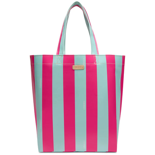 Striped pink and blue tote bag on a white background