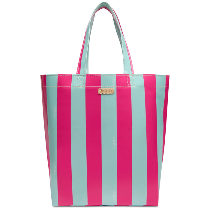 Striped pink and blue tote bag on a white background