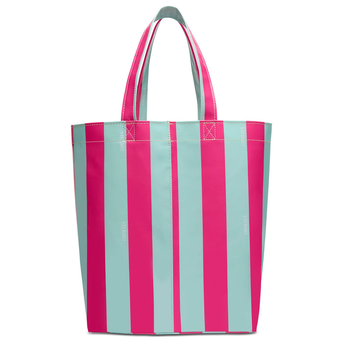 Tote bag with pink and light blue vertical stripes on a white background