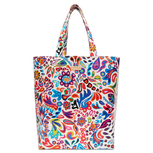 Colorful patterned tote bag with brand name on a white background