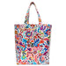 Colorful patterned tote bag with brand name on a white background