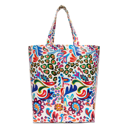 Colorful patterned tote bag on a white background