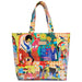 Colorful tote bag with artistic design on a white background