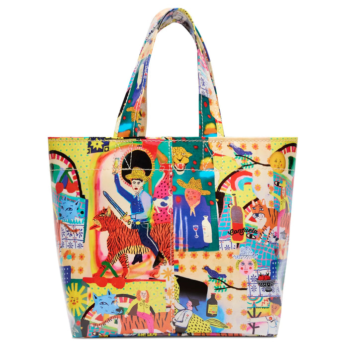 Colorful tote bag with artistic design on a white background