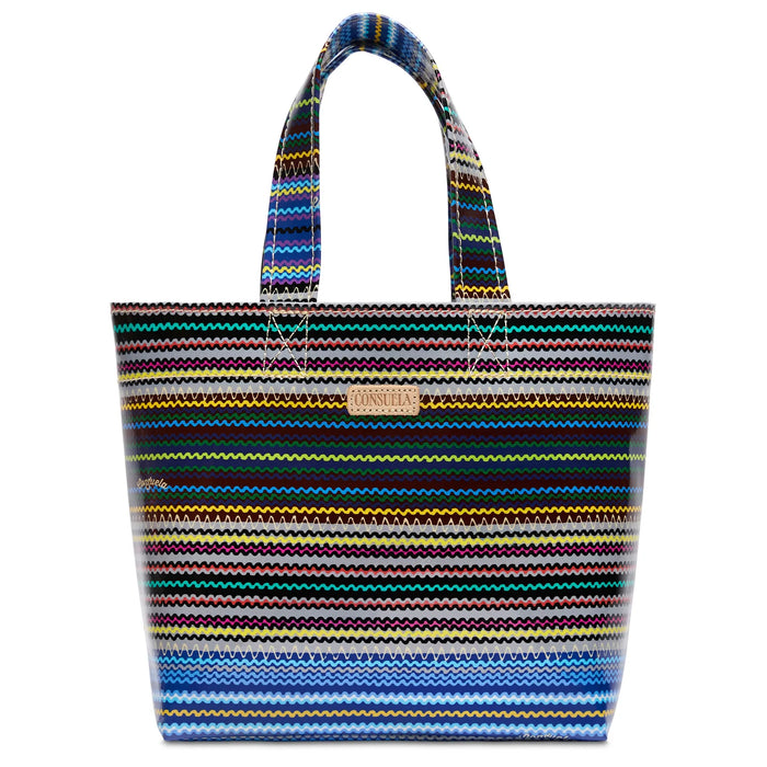 Multicolored striped tote bag on a white background
