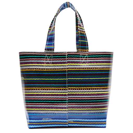 Multicolored striped tote bag on a white background