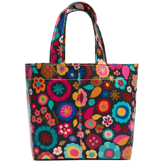 Colorful floral-patterned tote bag on a white background