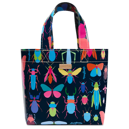 Colorful insect-patterned tote bag on a white background