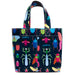 Tote bag with colorful insect pattern on a navy background