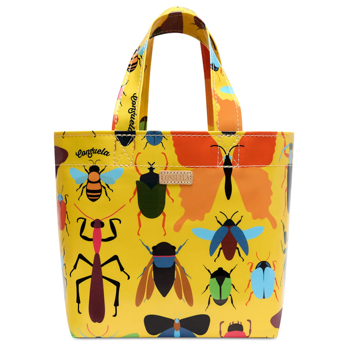Colorful tote bag with insect pattern on a white background