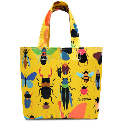 Colorful tote bag with insect pattern on a yellow background