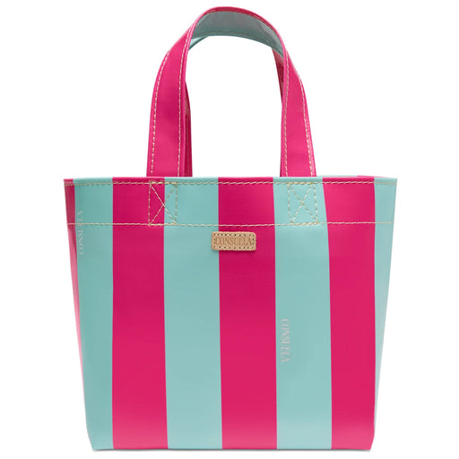 Striped pink and blue bag with a visible brand logo on a white background