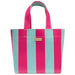 Striped pink and blue bag with a visible brand logo on a white background