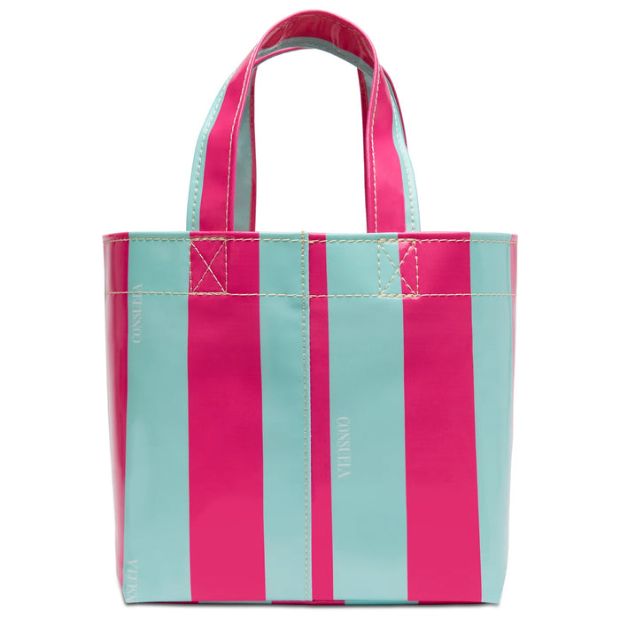 Tote bag with pink and light blue vertical stripes on a white background