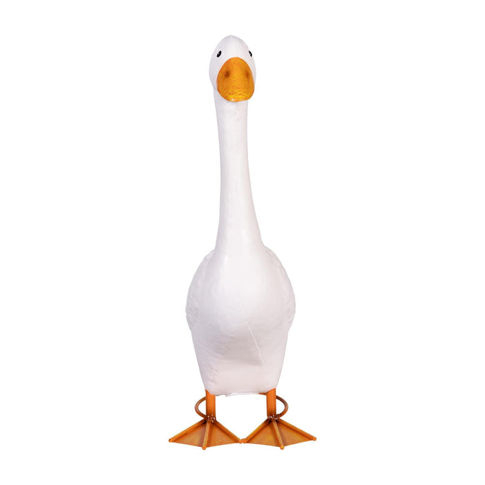 White goose figure with orange feet and beak on a white background
