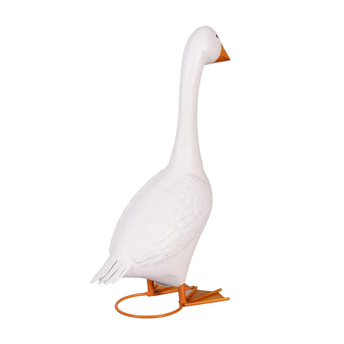 White goose decoy with orange feet on a white background