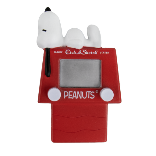 A red Etch-A-Sketch toy with a white Peanuts Snoopy figure on top, featuring a gray screen and white buttons, with 'PEANUTS' printed on the front.