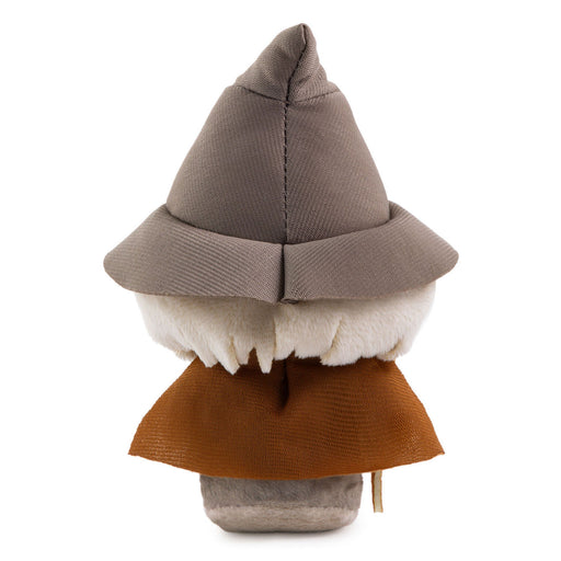 Plush toy resembling a gnome with a brown hat and shirt on a white background