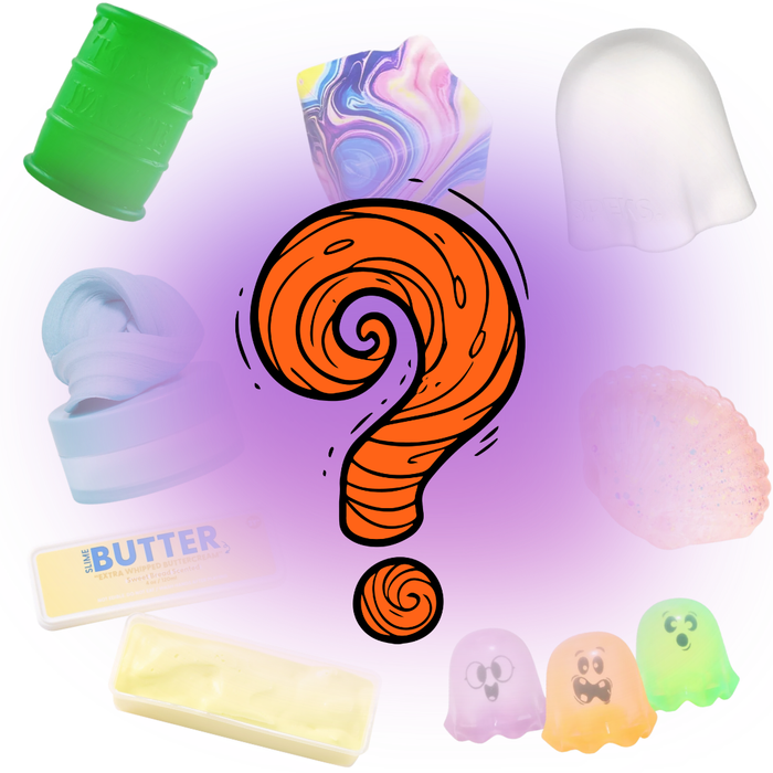 A promotional graphic showing a central orange spiral question mark surrounded by assorted pastel novelty items, including a green barrel-shaped piece, a white ghost-shaped piece, a pink shell-like piece, a blue-and-white marbled piece, a pale blue wrapped item, a yellow wrapped item labeled 'THE BUTTER,' and three small ghost figures in purple, orange, and green. No person, animal, or real environment is present, so this is not Lifestyle.