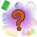 A promotional graphic showing a central orange spiral question mark surrounded by assorted pastel novelty items, including a green barrel-shaped piece, a white ghost-shaped piece, a pink shell-like piece, a blue-and-white marbled piece, a pale blue wrapped item, a yellow wrapped item labeled 'THE BUTTER,' and three small ghost figures in purple, orange, and green. No person, animal, or real environment is present, so this is not Lifestyle.