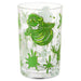 A clear glass drinking tumbler featuring a green Ghostbusters Slimer character graphic and green splatter details, shown on a plain white background.
