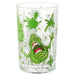 A clear glass drinking tumbler featuring a green slime monster graphic inspired by Ghostbusters, with green splatters and drips on a white background.