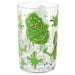 A clear glass drinking tumbler featuring a green cartoon ghost character and green slime splatter graphics, shown on a plain white background.