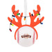 A San Francisco Giants baseball ornament styled as a reindeer antler head, featuring a white baseball with the team logo, orange antlers, and a string of multicolored Christmas lights, hanging from a white ribbon on a white background.