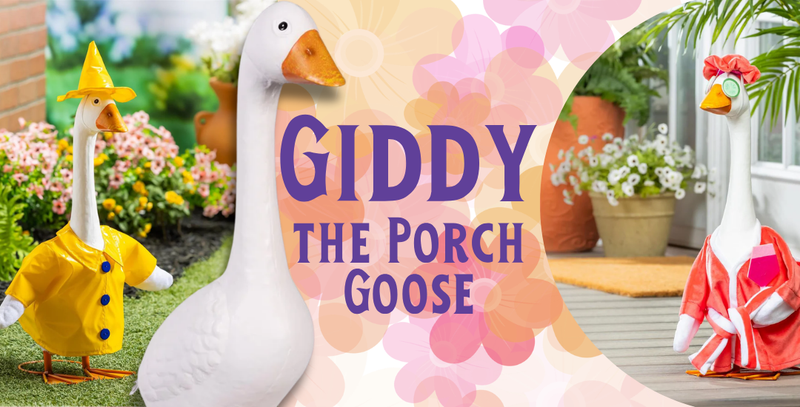 Promotional image for 'Giddy the Porch Goose' with cartoon geese in colorful outfits on a garden background.