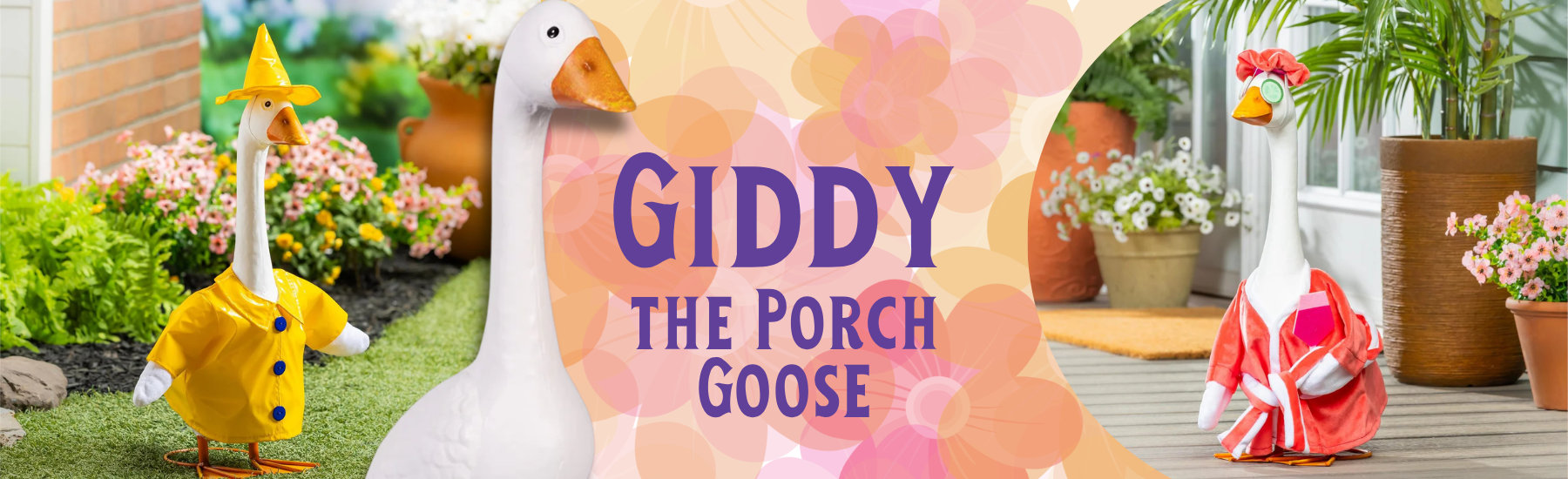Decorative goose figures with 'Giddy the Porch Goose' branding on a colorful background.