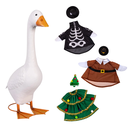 A goose costume set displayed on a white background, including a large white goose figure with orange beak and feet, a black skeleton vest, a brown tunic outfit with white collar, and a green tiered Christmas skirt with colorful pom-poms.