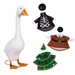 A goose costume set displayed on a white background, including a large white goose figure with orange beak and feet, a black skeleton vest, a brown tunic outfit with white collar, and a green tiered Christmas skirt with colorful pom-poms.