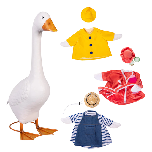A children's doll or costume play set featuring a large white goose figure with orange beak and feet, plus separate clothing pieces including a yellow jacket, red robe, blue-and-white striped shirt, navy apron, yellow hat, and a straw hat on a plain white background.