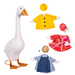 A children's doll or costume play set featuring a large white goose figure with orange beak and feet, plus separate clothing pieces including a yellow jacket, red robe, blue-and-white striped shirt, navy apron, yellow hat, and a straw hat on a plain white background.
