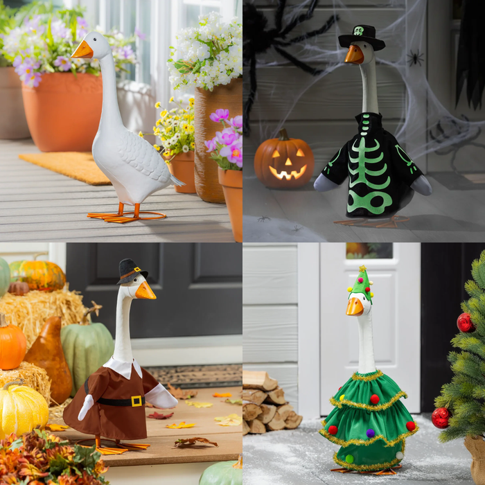 A four-panel collage showing a decorative goose figurine in four different Halloween costumes: a white goose in a black hat, a white goose in a green skeleton outfit, a white goose in a brown Pilgrim outfit, and a white goose in a green Christmas tree dress.