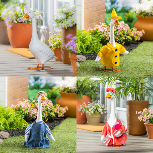 A four-panel collage showing a decorative goose garden statue in four different outfits: white with orange, yellow with blue buttons, blue overalls, and red and white striped. Each panel shows the statue placed in a garden setting with potted plants, grass, and a wooden deck.