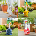 A four-panel collage showing a decorative goose garden statue in four different outfits: white with orange, yellow with blue buttons, blue overalls, and red and white striped. Each panel shows the statue placed in a garden setting with potted plants, grass, and a wooden deck.