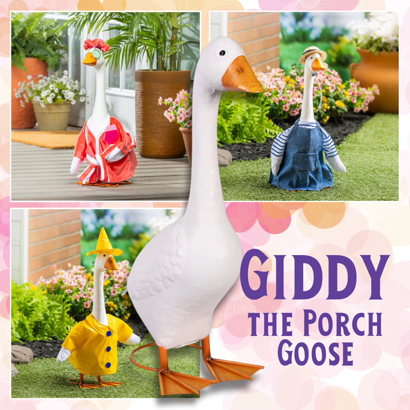 Collage of a goose in various outfits with 'Giddy the Porch Goose' text.