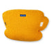 Yellow fleece pillow with a visible brand label on a white background